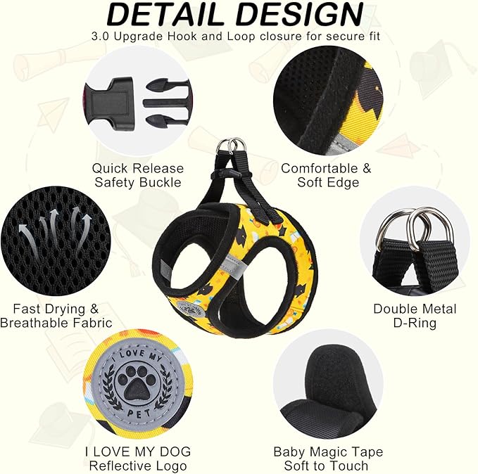 BEAUTYZOO Small Dog Harness and Leash Set,Step in No Choke No Pull Soft Mesh Dog Harnesses Reflective for Extra-Small/Small Medium Puppy Dogs and Cats,Yellow S