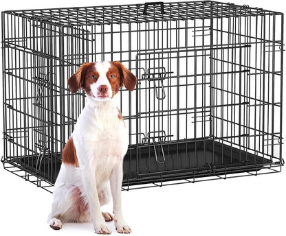 FDW Dog Crate 36-Inch Dog Cage Single Door Foldable Metal Kennel with Leakproof Tray Foldable Design Indoor Outdoor Use for Medium Dogs,Dark Black