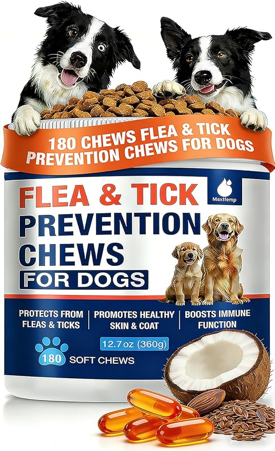 180 Cts, Flea and Tick Prevention for Dogs Chewables, Oral Flea Pills for Dogs Puppy, Natural Dog Flea and Tick Treatment, Skin & Coat Support Supplement, Soft Chews
