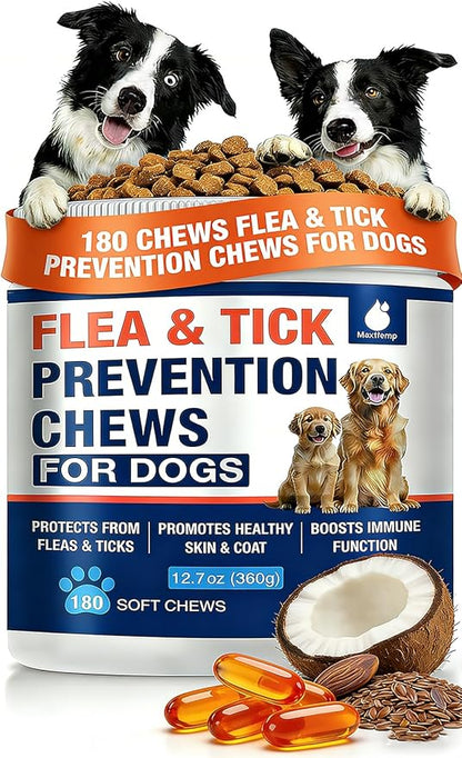 180 Cts, Flea and Tick Prevention for Dogs Chewables, Oral Flea Pills for Dogs Puppy, Natural Dog Flea and Tick Treatment, Skin & Coat Support Supplement, Soft Chews