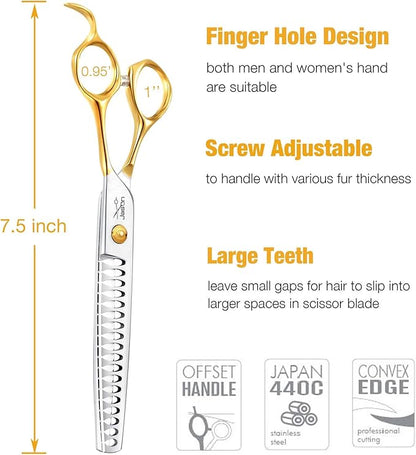 JASON Dog Grooming Chunkers Shears - Dogs Cats Grooming Texturizing Blending Thinning Scissor Pets Trimming Kit Sharp Gold Shear for Right Handed Groomers Christmas Gift 7"