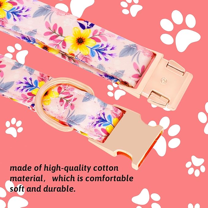 Dog Collar and Leash Set Girls Adjustable Puppy Collars with Floral Bow Tie for Small Medium Large Female Dogs, Pink Flower, XS