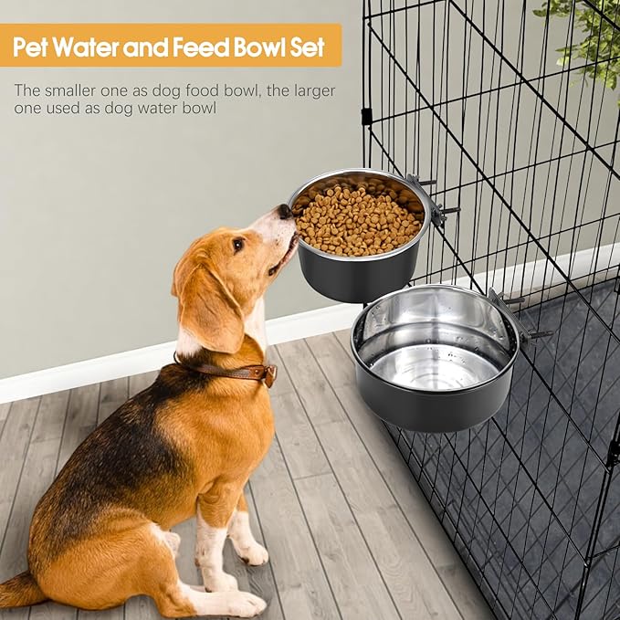 2 Pcs Black Large Pet Dog Food Water Bowl for Cage Stainless Steel Non-Spill Kennel Hanging Cats Bowls with Clamp Holder Crate Feeder Dish for Medium Large Dogs Huge Pets (7.1x3.7'' & 7.1x2.5'')