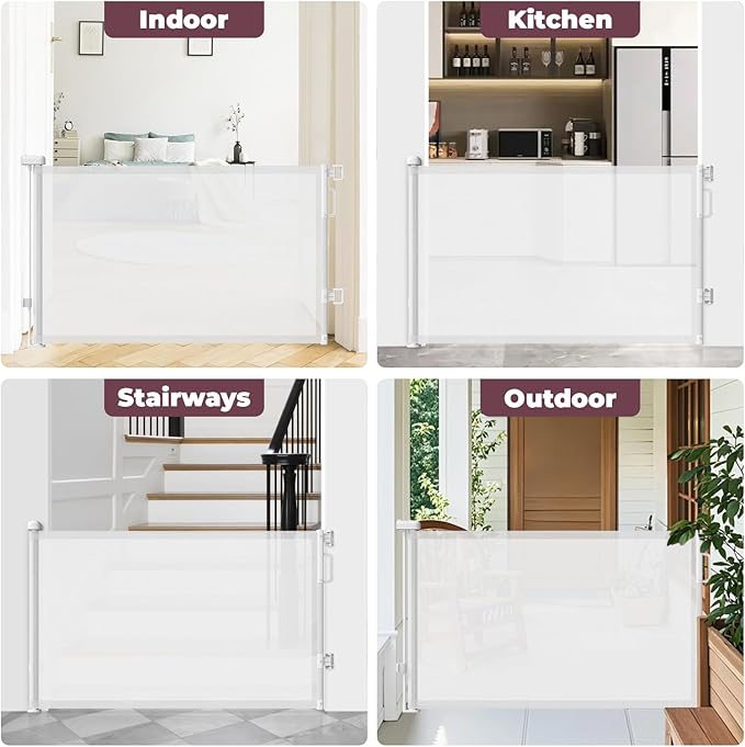 Retractable Baby Gates 2 Pack, 55" Wide Mesh Dog Gate Indoor, 34" Tall Gate for Stairs Doorways Hallways Deck, Child Pet Safety Gate for Indoor Outdoor Home Use, White