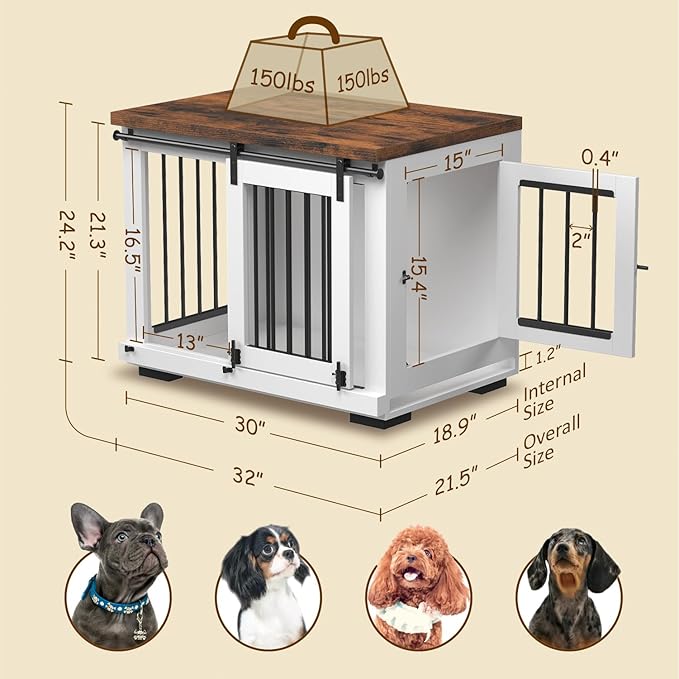 Zakkart Dog Crate Furniture Barn Door for Medium Dogs Up to 40 lbs. - Puppy Kennel w/Thickened Farmhouse Top & Steel Bars - 30'' Wide - White Decorative Modern Dog Crate Table, End Table, Nightstand
