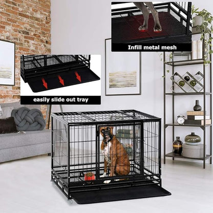 FDW Dog Crate Dog Cage Dog Kennel for Large Dogs Heavy Duty 42 Inches Pet Playpen for Training Indoor Outdoor with Plastic Tray Double Doors & Locks Design