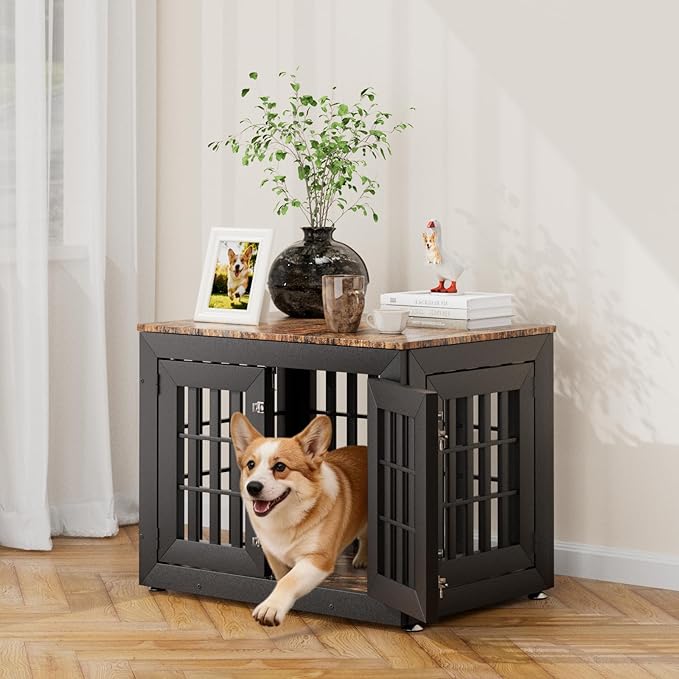 Snuowu 32" Heavy Duty Dog Crate Furniture for Small,Medium and Large Dogs,Rustic Wooden Dog Cage Kennel Indoor Furniture with Waterproof Top,Decorative Pet House Side End Table (Black & Wood)