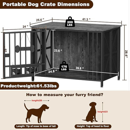 Easycom Foldable Large Dog Crate Furniture, 41.3" Assembly-Free Dog Crates for Large Dogs, Decorative Wooden Dog Kennel Indoor with Tag & Dog Bowls, Dog Cage Use as TV Stand, Dark Grey