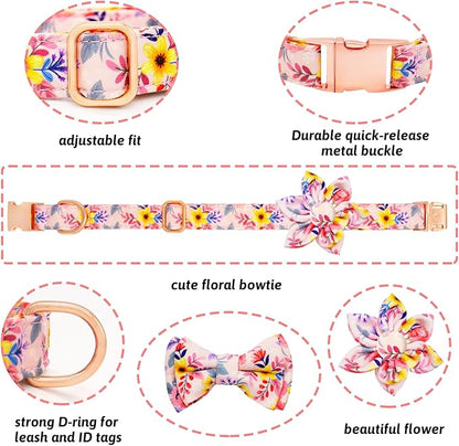 Dog Collar and Leash Set Girls Adjustable Puppy Collars with Floral Bow Tie for Small Medium Large Female Dogs, Pink Flower, S