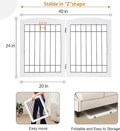 LZRS 2-Panel Freestanding Foldable Wood Dog Gate – Solid Wood & Steel Wire, Chew-Resistant Pet Barrier for Indoor Use, Ideal for Small to Medium Dogs, White