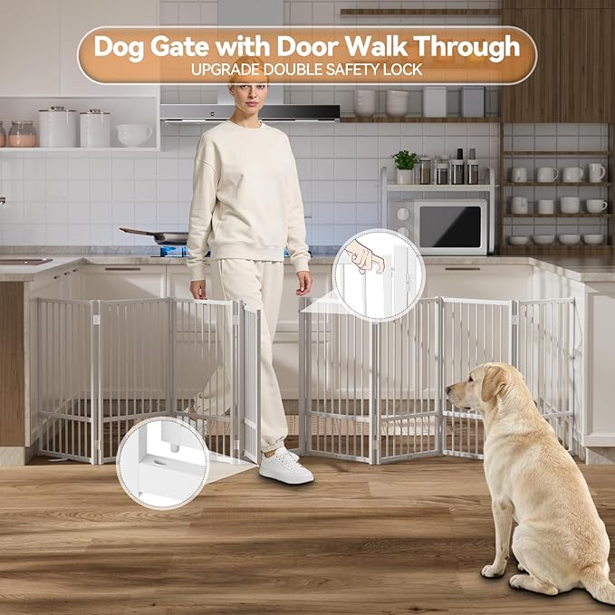 SNUOWU Full Metal Freestanding Dog Gate with Door, 32''Height Foldable Pet Dog Fence for Indoor & Outdoor, 8 Panels Extra Wide Free Standing TallDog Gates for Doorways,House,Stairs,Porch,Deck,Yard