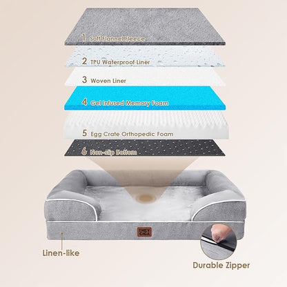 EHEYCIGA Orthopedic Dog Beds Large Sized Dog, Waterproof Memory Foam Pet Bed with Sides, Non-Slip Bottom Large Pet Bed with Washable Removable Cover, Grey