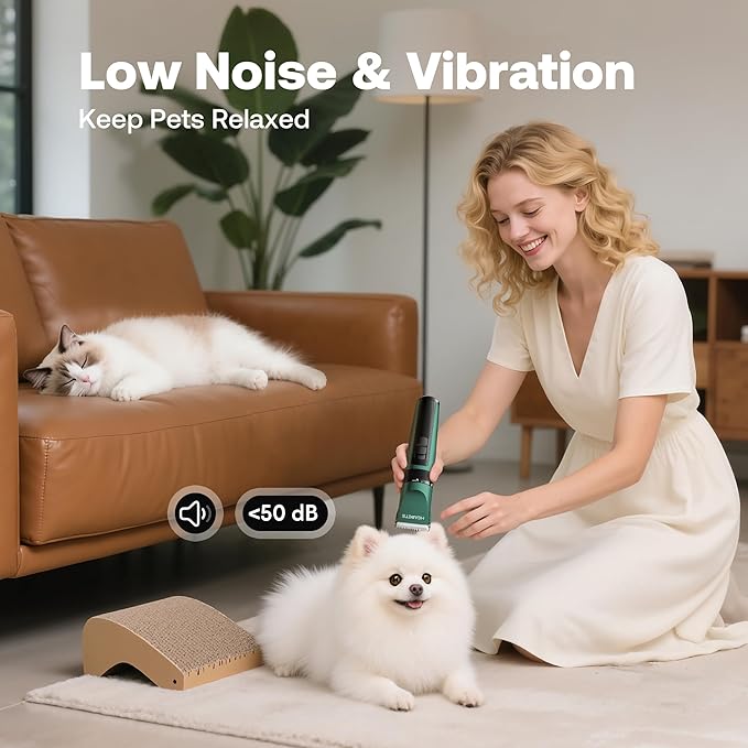HEAPETS Dog Clippers for Grooming, Low Noise, Electric Quiet, Adjustable Clipper Comb, Rechargeable Cordless Dog Hair Clippers for Dogs Cats Pets, Green