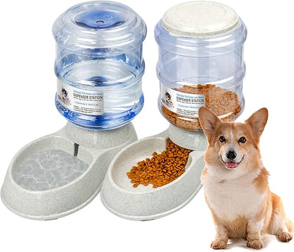 KORIMEFA 2 Pcs Dog Water Dispenser Food Feeder Automatic Cat Self Dispensing Waterer Feeder Set for Small Medium Pet 1 Gallon x 2 Large Capacity (Gray-1)