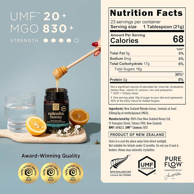 Manuka Honey UMF 20+ MGO 830+ 100% Pure New Zealand Raw, Unfiltered Certified Award Winning Silky Smooth Taste & Texture 17.6 Oz
