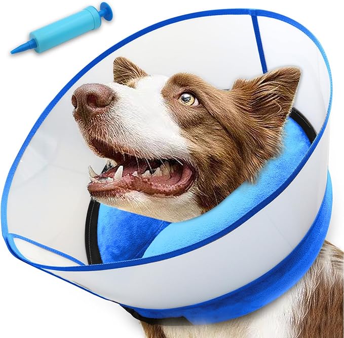2-in-1 Upgraded Inflatable Dog Cone Collar with Detachable Anti-Licking Shield, Soft Adjustable Elizabethan Collar for Dogs After Surgery (M+, Blue)