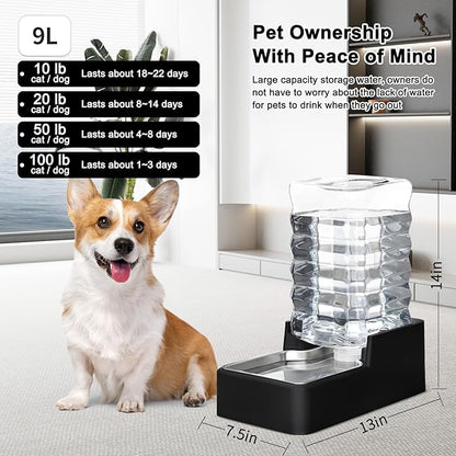 RIZZARI Stainless Steel Pet Water Feeder: 9L Large Gravity Leak-Proof Auto Refill Water Dispenser -Ideal for Multi-Pet Homes- Anti-Tip Base -No Filter- Easy Clean - for 30-60 LB Dogs- Home/Garage