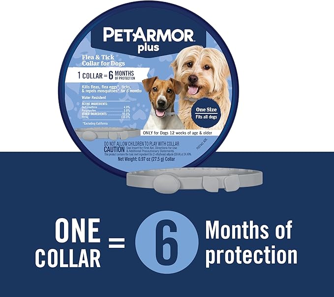 PetArmor Plus Flea & Tick Collar for Dogs, Kills Fleas & Ticks, Long Lasting Protection for 12 Months, Water Resistant, One Size Fits All, 2 Collars