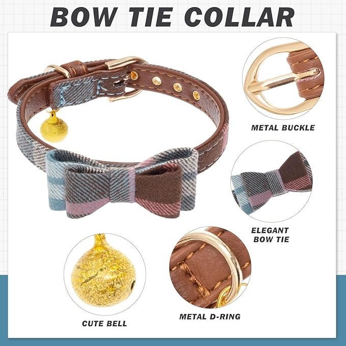 EXPAWLORER Dog Collar Bandana Set - Classic Plaid Dog Bow Tie and Bandana Collar with PU Leather, Adjustable Collars for Small Medium Large Dogs Cats, Holiday Ideal Gift, Blue XS