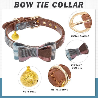 EXPAWLORER Dog Collar Bandana Set - Classic Plaid Dog Bow Tie and Bandana Collar with PU Leather, Adjustable Collars for Small Medium Large Dogs Cats, Holiday Ideal Gift, Blue XS
