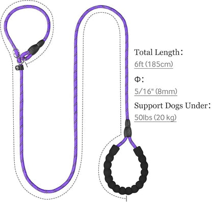 TagME 6ft Slip Dog Lead, No Pull Reflective Training Leash with Padded Handle, Professional Rope P-Leash for Small Medium Large Dogs, Heavy Duty Correction Lead for Walking & Training (Purple)