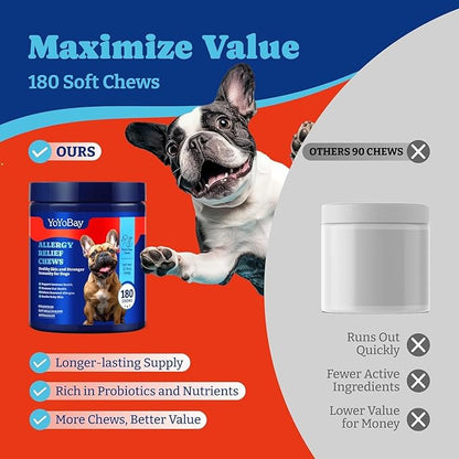Dog Allergy Relief Chews – 180 Soft Chews, Duck & Pear Flavor - Immune Support & Itch Relief with Colostrum, Astragalus Root, 6-Strain Gut Health Blend, 2 Pack