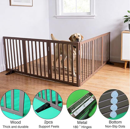 ZJSF Freestanding Indoor Dog Gate for House Foldable Wood Puppy Gate for Doorways Pet Gate for Stairs Extra Wide Pet Fence, Brown, 24" Height 6 Panels