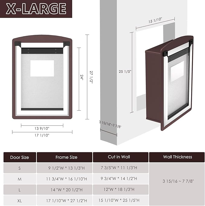 Dog Door for Wall, Extra Large Dog Door with 2 Magnetic Flaps, 2 Lock Panels, Steel Frame and Telescoping Tunnel, Doggie Door for Interior and Exterior Wall, X-Large, Coffee Color