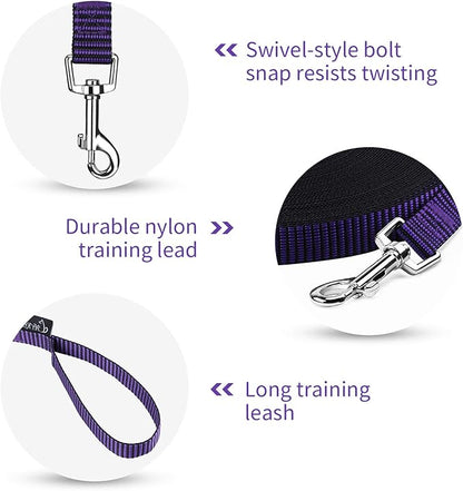Hi Kiss Dog/Puppy Obedience Recall Training Agility Lead - 15ft 20ft 30ft 50ft 100ft Training Leash - Great for Training, Play, Camping, or Backyard(50ft,Black_Purple)