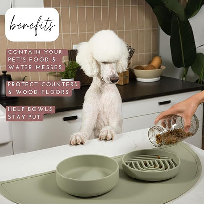 Should We Go - Waterproof Silicone Pet Food Mat - Non-Slip, Spill-Proof Feeding Mat for Floors, Raised Edge Design, Easy-to-Clean, Rubber Pad for Dog & Cat Bowls, 28" Across x 14" Deep, Large-Spruce