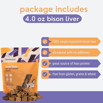 Momentum Carnivore Nutrition Freeze-Dried Bison Liver Dog Treats & Cat Treats – Single-Ingredient, High-Protein, Grain-Free, Lean Novel Protein – Made in USA – 4 oz Bag