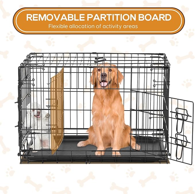 Dog Crate - 36 Inch Medium Double Door Portable Dog Cage, Metal Wire Pet Kennel with Secure Lock, Leak-Proof Pan Tray, Foldable Design for Dogs Pets Indoor Training and Outdoor Trave