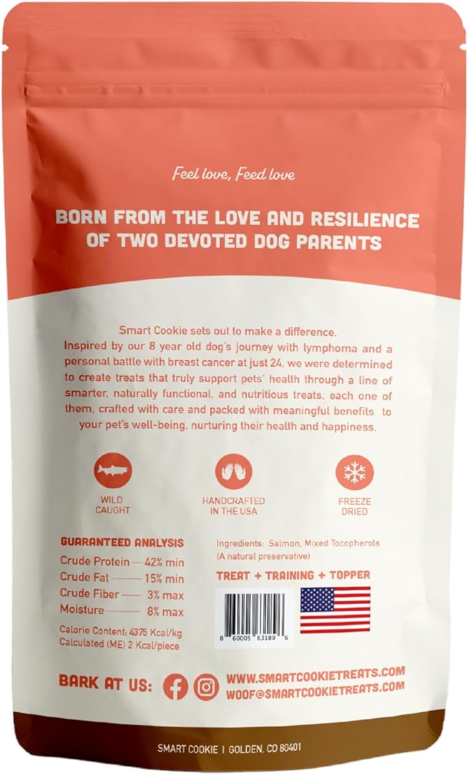 Smart Cookie Freeze Dried Salmon Bites - Single Ingredient Freeze Dried Treats for Dogs - Wild Caught Alaskan Salmon Dog Training Treats & Dog Food Topper - Made in USA - 2oz Bag, 3 Pack