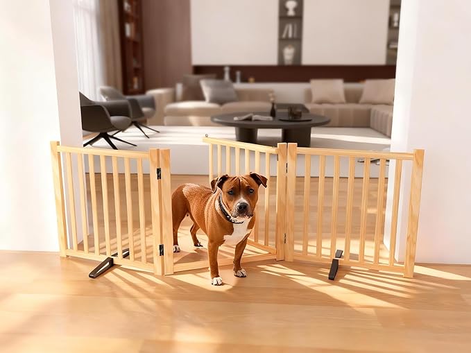 YOCAN Paint-Free Wooden Freestanding Dog Gates with Door for The House,Doorways, Stairs,Wood Dog Fences Indoor Pet Gate,Step Over Fence-3 Panel