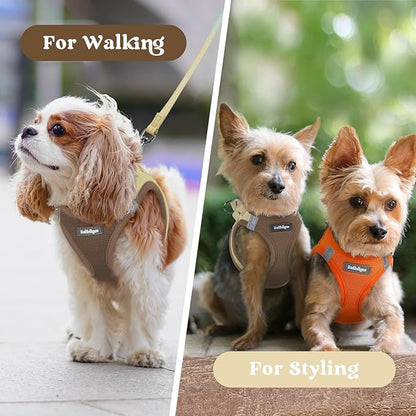 rabbitgoo Small Dog Harness, Step-in Soft Mesh Puppy Vest with Safety Buckle, Breathable Reflective Pet Harness for Small Sized Dogs, Brown & Beige S