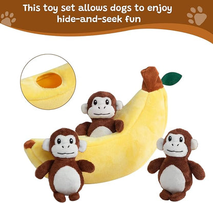 Hollypet Squeaky Dog Toy, Interactive Plush Hide and Seek Dog Toys for Small Medium Sized Dogs and Non-Aggressive Chewers, Puppy Teeth Clean Chew Toys, Banana and Monkeys