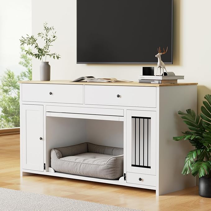63" Dog Crate Furniture with 2 Drawers & Cabinets, Heavy Duty Wooden Dog Kennel TV Stand for Medium/Large Dogs, Dog Kennel Indoor Dog Cage with Storage, Decorative Pet Crate Sideboard, White