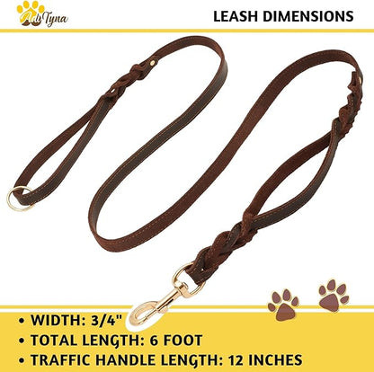 ADITYNA - Double Handle Leather Dog Leash 6ft - Heavy Duty Braided Dog Leash with Traffic Handle - Lead for Training and Walking Medium Large Breeds (Brown, Two Handles 6 Foot x 3/4")