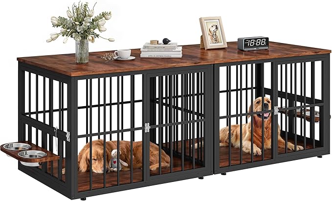88.6" Large Dog Crate Furniture, Wooden Dog Kennel with Bowls & 3 Doors, Double Crate Furniture TV Stand for Medium Large Dogs, Brown