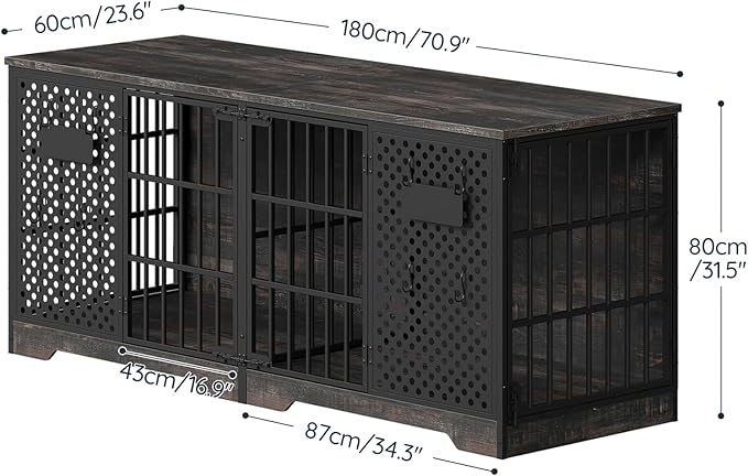 HOOBRO 71" Dog Crate Furniture for 2 Large Dogs, Heavy Duty Indoor Kennel with Removable Divider & Name Tags, TV Stand Cage Furniture for Medium & Large Dogs, Charcoal Gray & Black BC84GW03