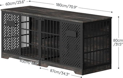 HOOBRO 71" Dog Crate Furniture for 2 Large Dogs, Heavy Duty Indoor Kennel with Removable Divider & Name Tags, TV Stand Cage Furniture for Medium & Large Dogs, Charcoal Gray & Black BC84GW03