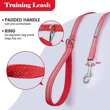 Reflective Dog Collar Leash Set, Adjustable Soft Dog Collar Leash with Poop Bag Holder Dispenser for Small Medium Large Dogs, Multiple Color Available, Red, Medium