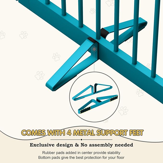 PUPETPO Freestanding Pet Gate with Door, Tall Dog Gate for House, Extra Wide, Pet Puppy Safety Fence, Support Feet Included, 120 Inch Wide, 6 Panels 32" Tall, Blue