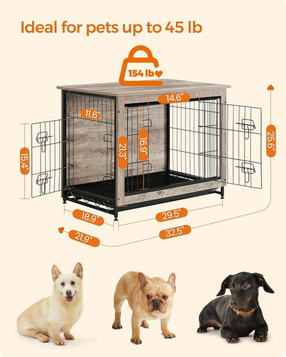 Feandrea 32.5" Dog Crate Furniture, Indoor Dog Cage Side End Table, L Pet Wood Kennel for Large and Medium Dogs up to 45 lb with Multi-Purpose Removable Tray, Double-Door Pet House, Greige