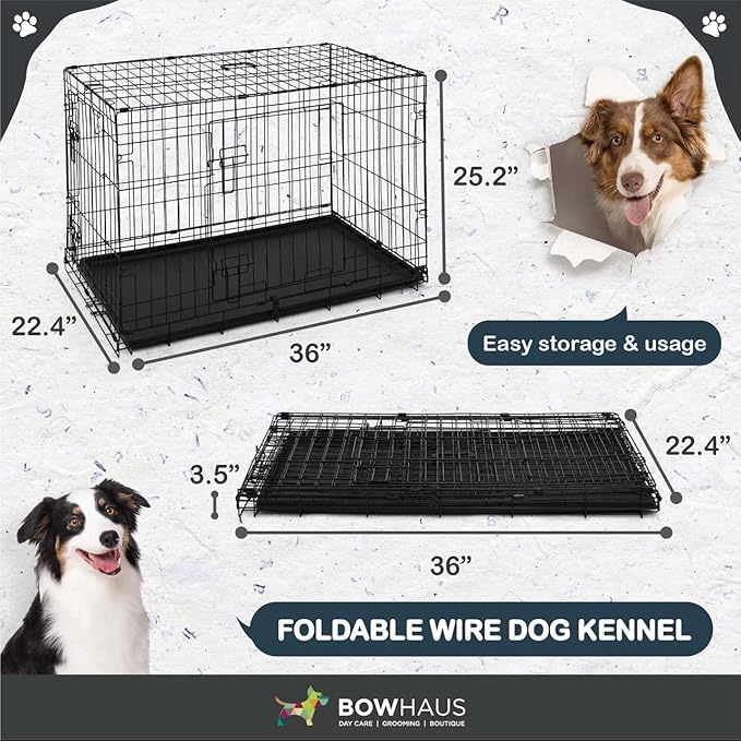 BOWHAUS Foldable Dog Crate Wire Metal Dog Kennel w/Divider Panel, Leak-Proof Pan & Protecting Feet, Single & Double Door, Small, Medium & Large Dog Crate Indoor Wire Dog Cage, 36” w/Double Doors