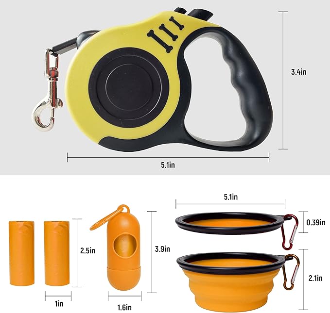 Retractable Dog Leash Automatic Telescopic Tractor Dog Tape, Pet Tape 10/16 FT Durable and Convenient, with Folding Bowl, Dispenser, Rubbish Bags, Suitable for Small and Medium Dogs