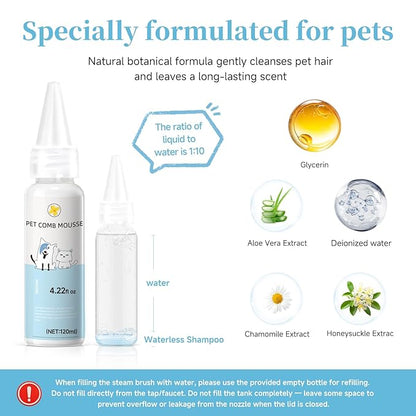 Pet Steam Brush for Dog & Cat - 3-in-1 Steam Grooming Brush for Shedding & Hair Removal - Self Cleaning Spray Comb with Mist for Long Haired Pets - Includes 1*Waterless Shampoo, Blue.