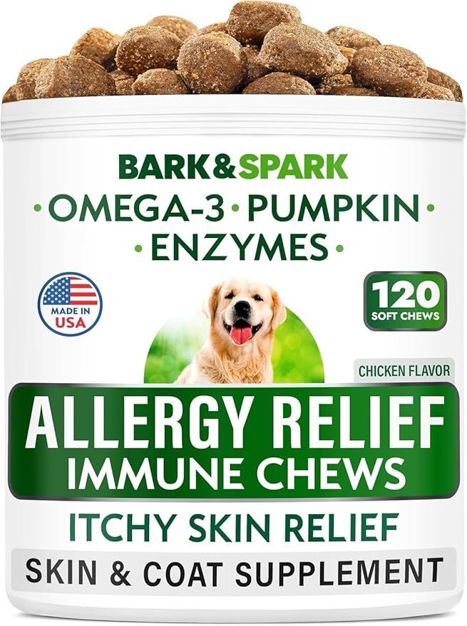 BARK&SPARK Dog Allergy Relief Soft Chews for Skin Health & Seasonal Allergies - Anti-Itch Supplement w/Omega-3, Quercetin & Bromelain Immune Treats for Dry Skin & Hot Spots - Chicken - 120ct