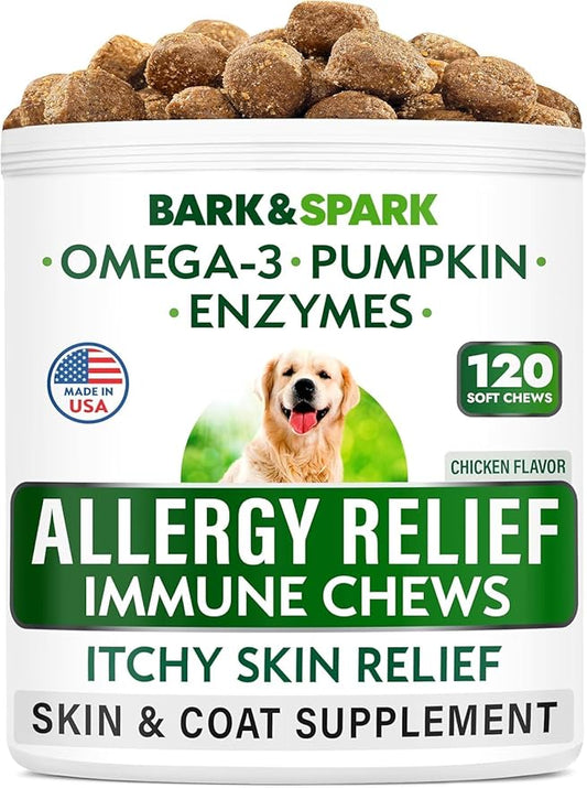 BARK&SPARK Dog Allergy Relief Soft Chews for Skin Health & Seasonal Allergies - Anti-Itch Supplement w/Omega-3, Quercetin & Bromelain Immune Treats for Dry Skin & Hot Spots - Chicken - 120ct