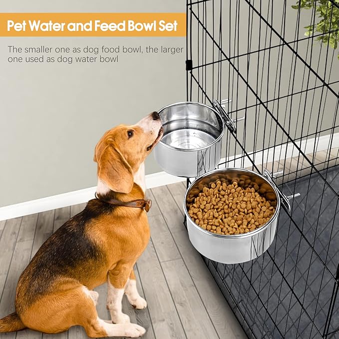 2 Pcs Medium Pet Dog Food Water Bowl for Cage Stainless Steel Non-Spill Kennel Hanging Cats Pets Bowls with Clamp Holder Crate Feeder Dish for Medium Dogs Pets (5.5x3.1'' & 6.3x2.6'')